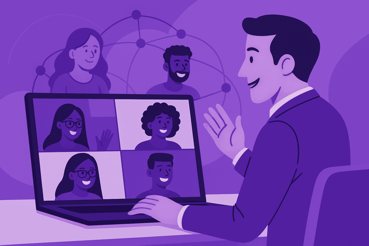 Flat-style digital illustration showing a remote manager leading a video call with diverse distributed team members on screen, symbolizing collaboration, connection, and effective remote leadership.