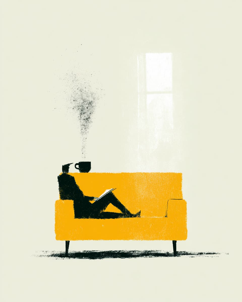 Person auf gelbem Sofa mit Kaffeetasse, entspanntes Lesen am Fenster. Illustration.
