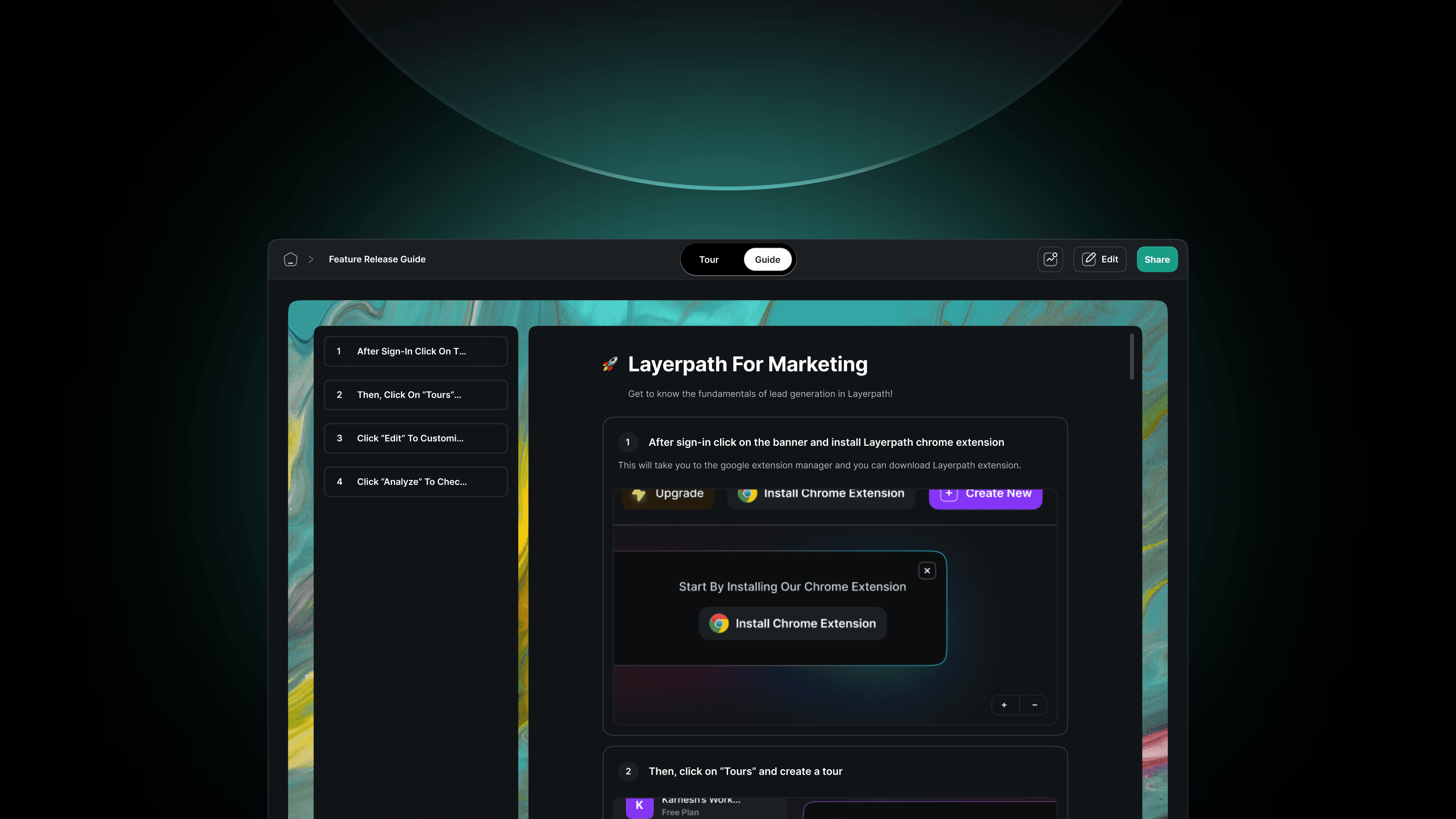 A dark-themed user interface displaying a marketing tool called "Layerpath", featuring buttons for upgrading and installing a Chrome extension, with a colorful abstract background for visual appeal.