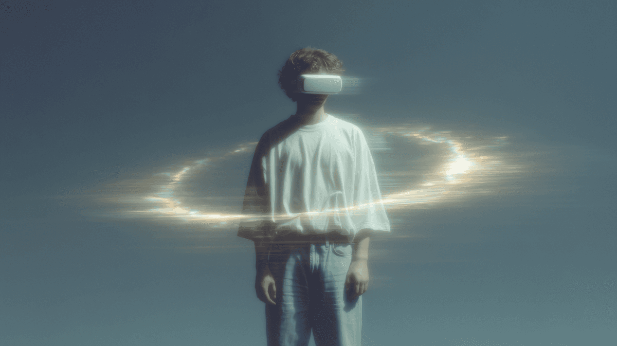 person surrounded by imaginary cloud wearing vr