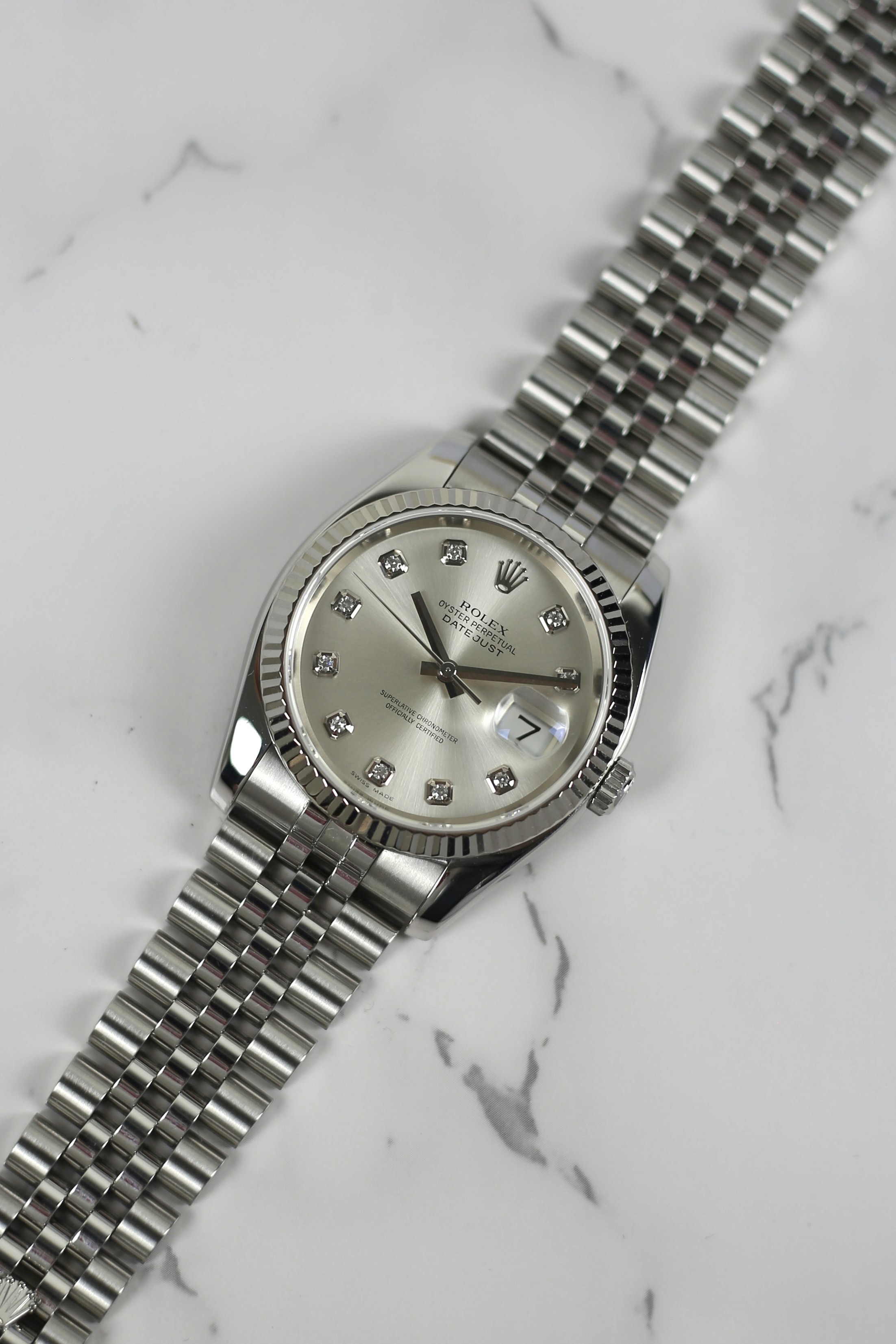 DATEJUST SILVER DIAMOND 18K WHITE GOLD BEZEL HIDDEN CLASP JUBILEE