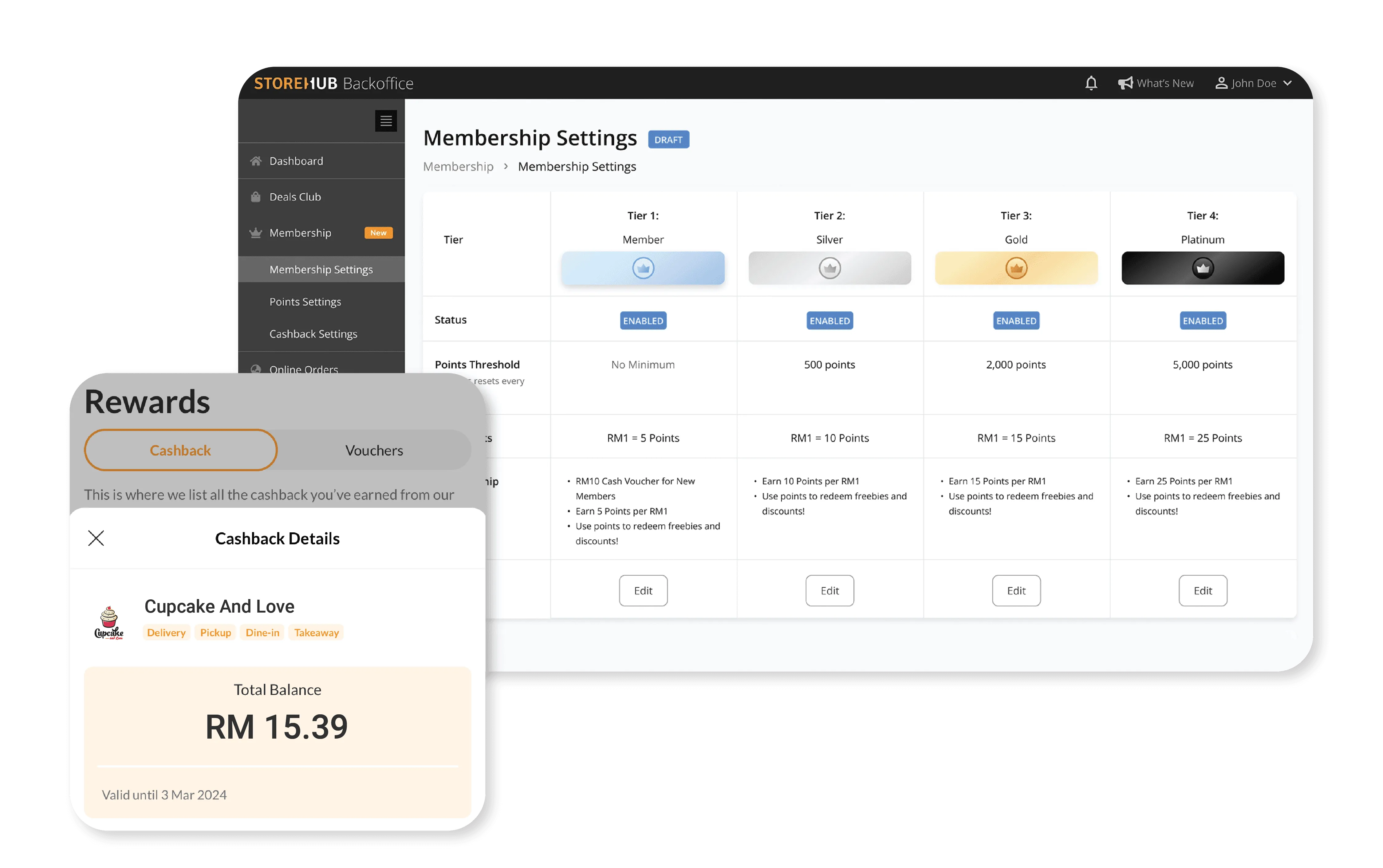 StoreHub BackOffice membership settings showing tiered loyalty rewards and cashback tracking for customers.