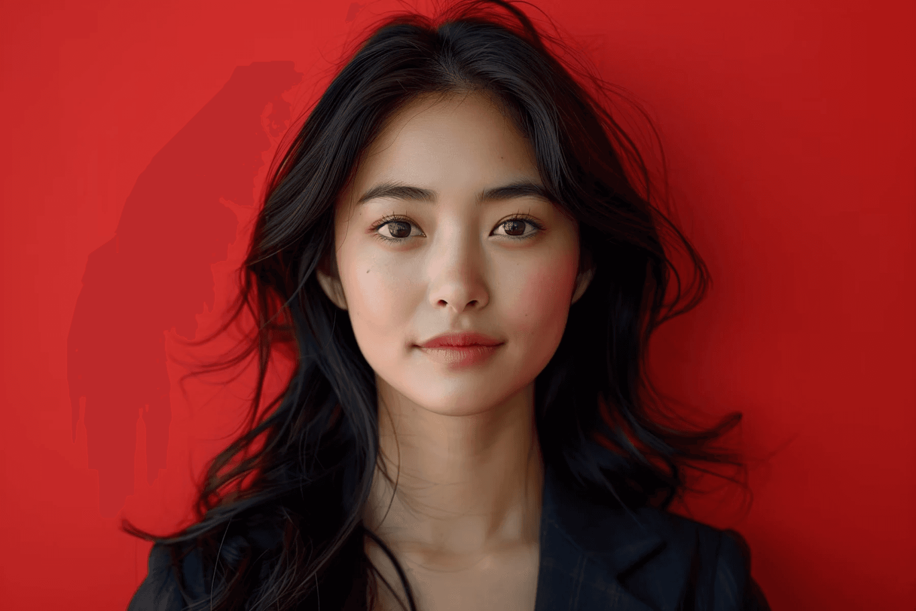 A woman with long, dark hair is standing against a vibrant red backdrop, wearing a black jacket, and looking directly at the camera.