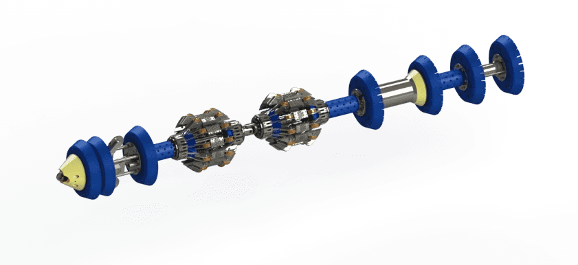 3D-rendered illustration of a mechanical device with blue and yellow components, possibly for industrial or engineering use.