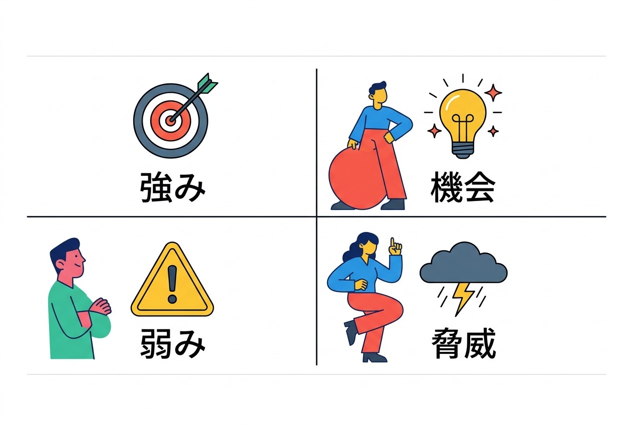 SWOT分析の4象限構造。内部要因（強み・弱み）と外部要因（機会・脅威）を組み合わせて戦略オプションを導く。プラスマイナスの縦軸と内外の横軸で判断基準が明確化される。