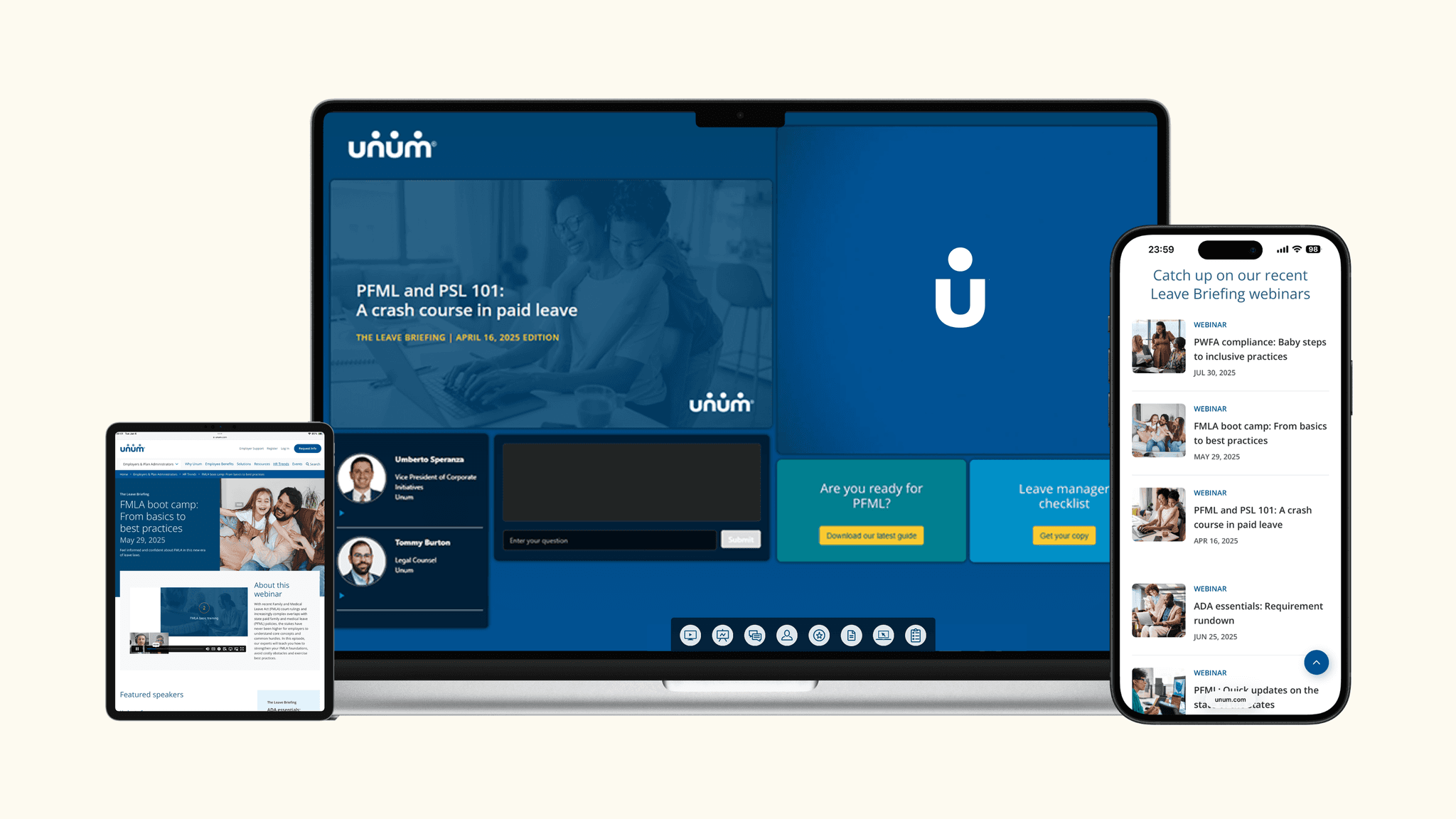 The Leave Briefing webinar series displayed across tablet, desktop, and mobile devices