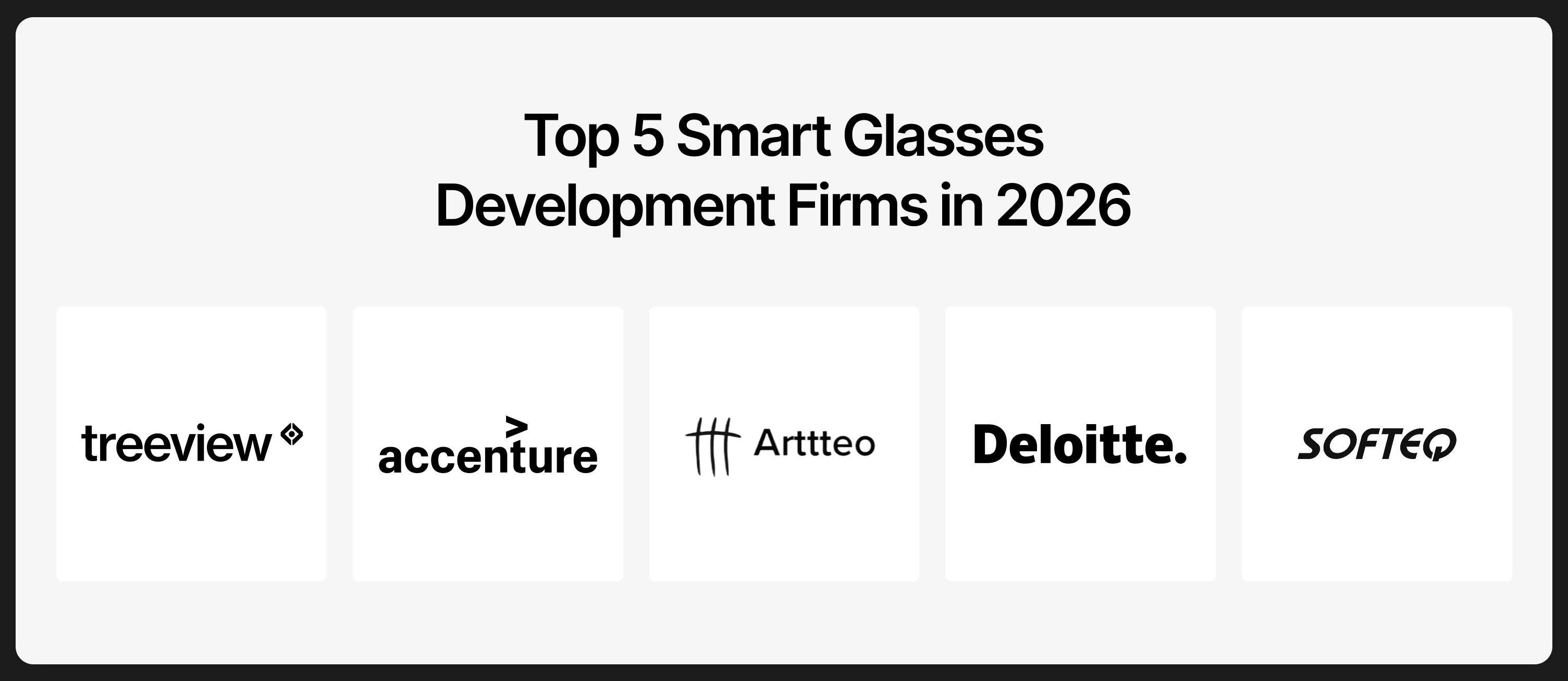 Infographic listing the top 5 smart glasses development firms in 2026: Treeview, Accenture, Arttteo, Deloitte, and Softeq, each shown in a white card with their logo