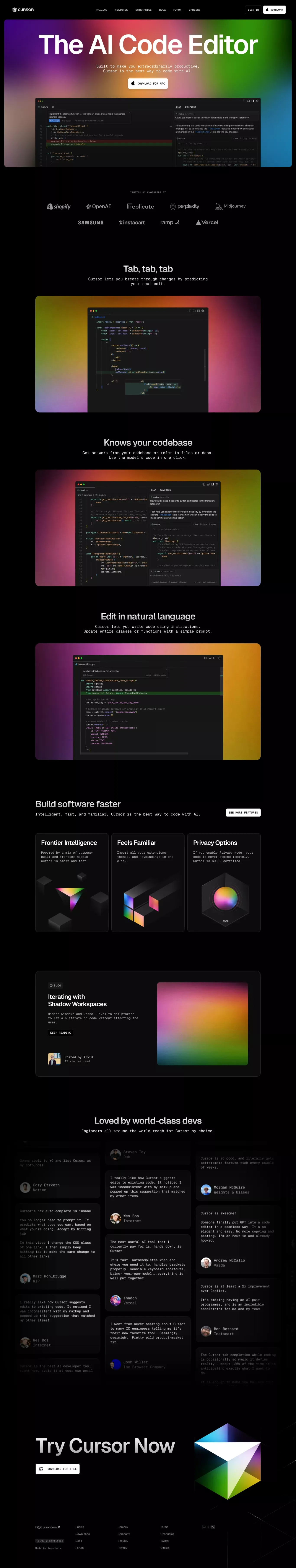 Cursor - The AI Code Editor landing page screenshot showcasing AI and Tech design