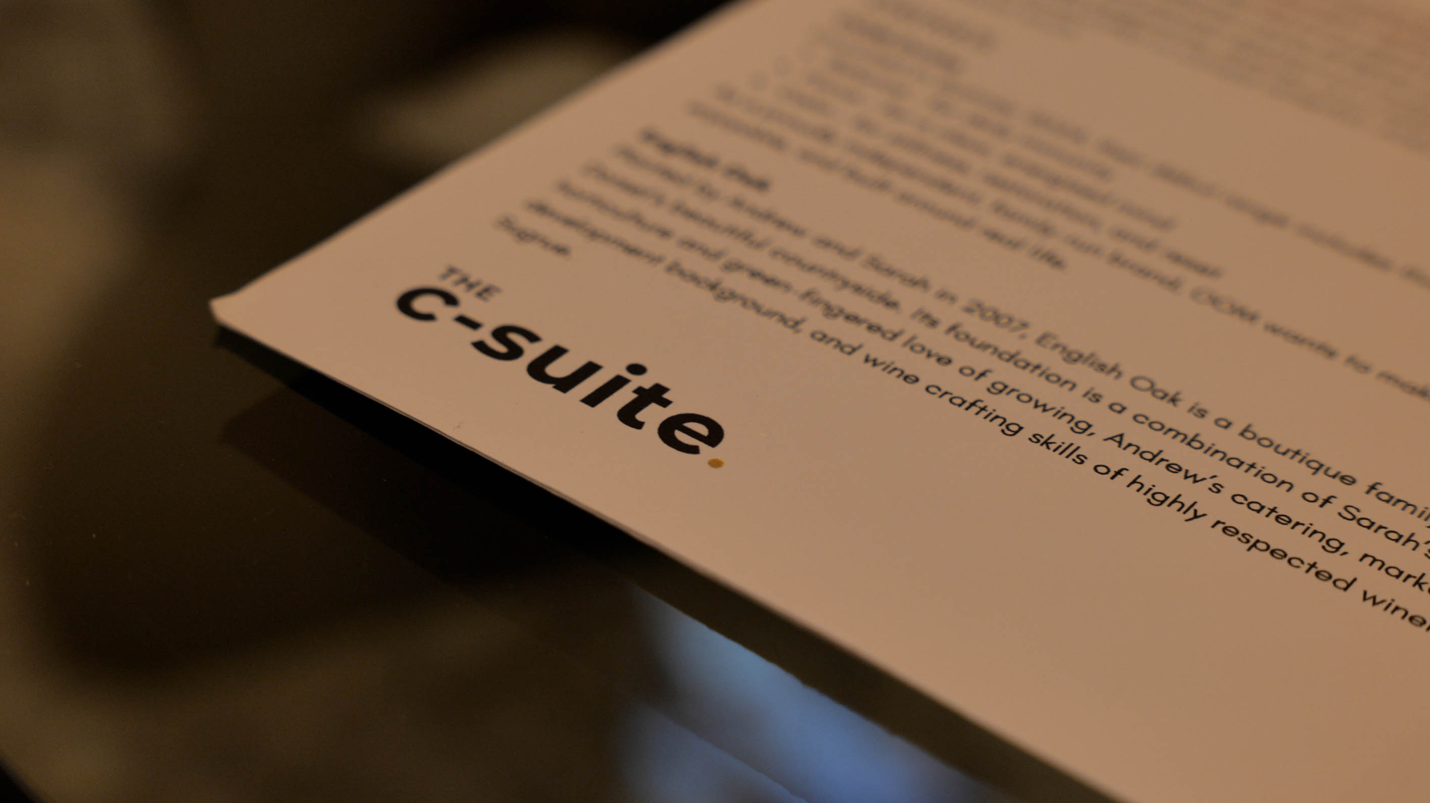 C-Suite-Invitationer and a woman in a light sweater sit at a desk with a laptop, discussing something. The room is dimly lit, creating a focused atmosphere.