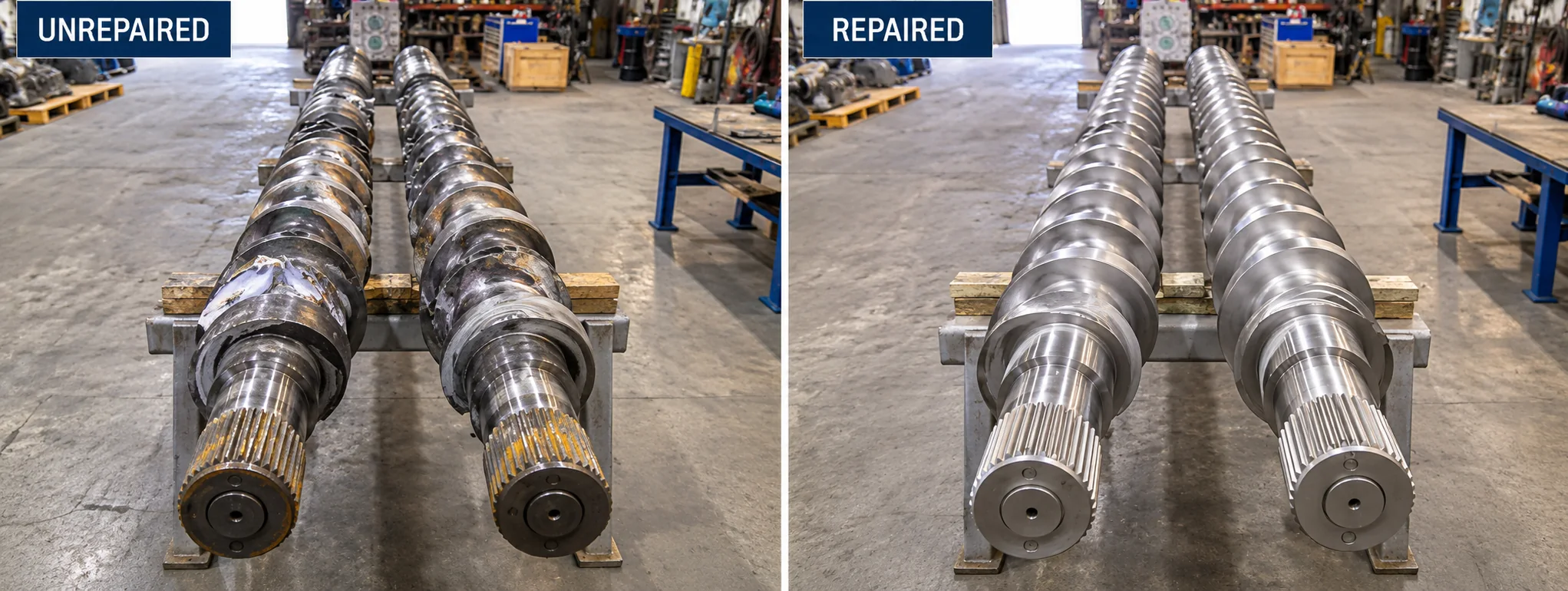Side-by-side views of industrial screw shafts before and after repair