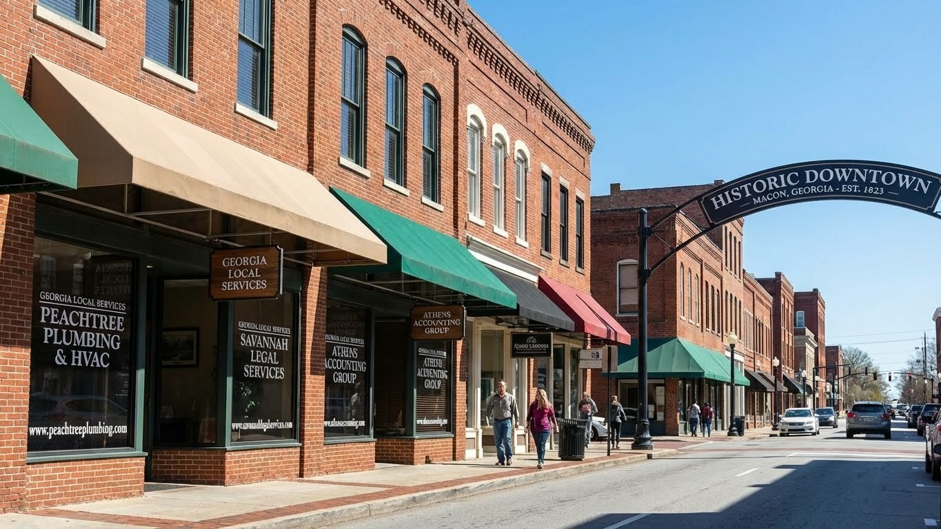 Georgia business district with local service businesses and their websites displayed