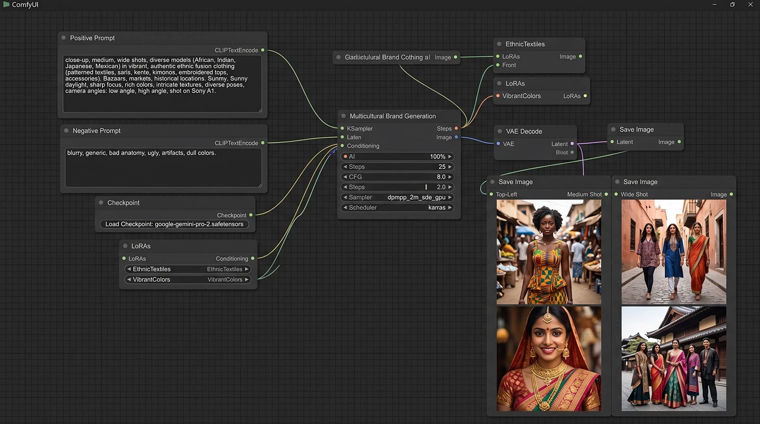 ComfyUI node graph generating diverse ethnic fashion models, representing mediareach strategy for inclusive visual content