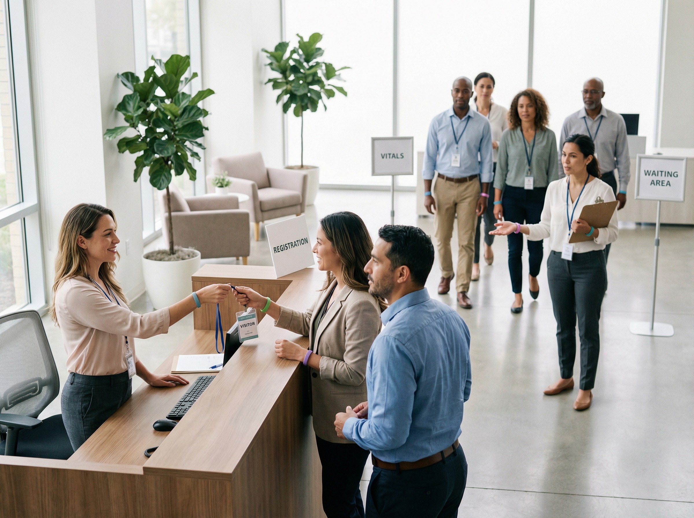 In einem Unternehmensfoyer werden Besucherausweise ausgegeben. Mitarbeitende mit farbigen Bändern werden freundlich zu den Stationen geleitet. Eine Betreuerin prüft eine Liste und weist Gruppen zeitlich versetzt zu. Alles fügt sich nahtlos in den Büroalltag ein, ohne Hektik.
