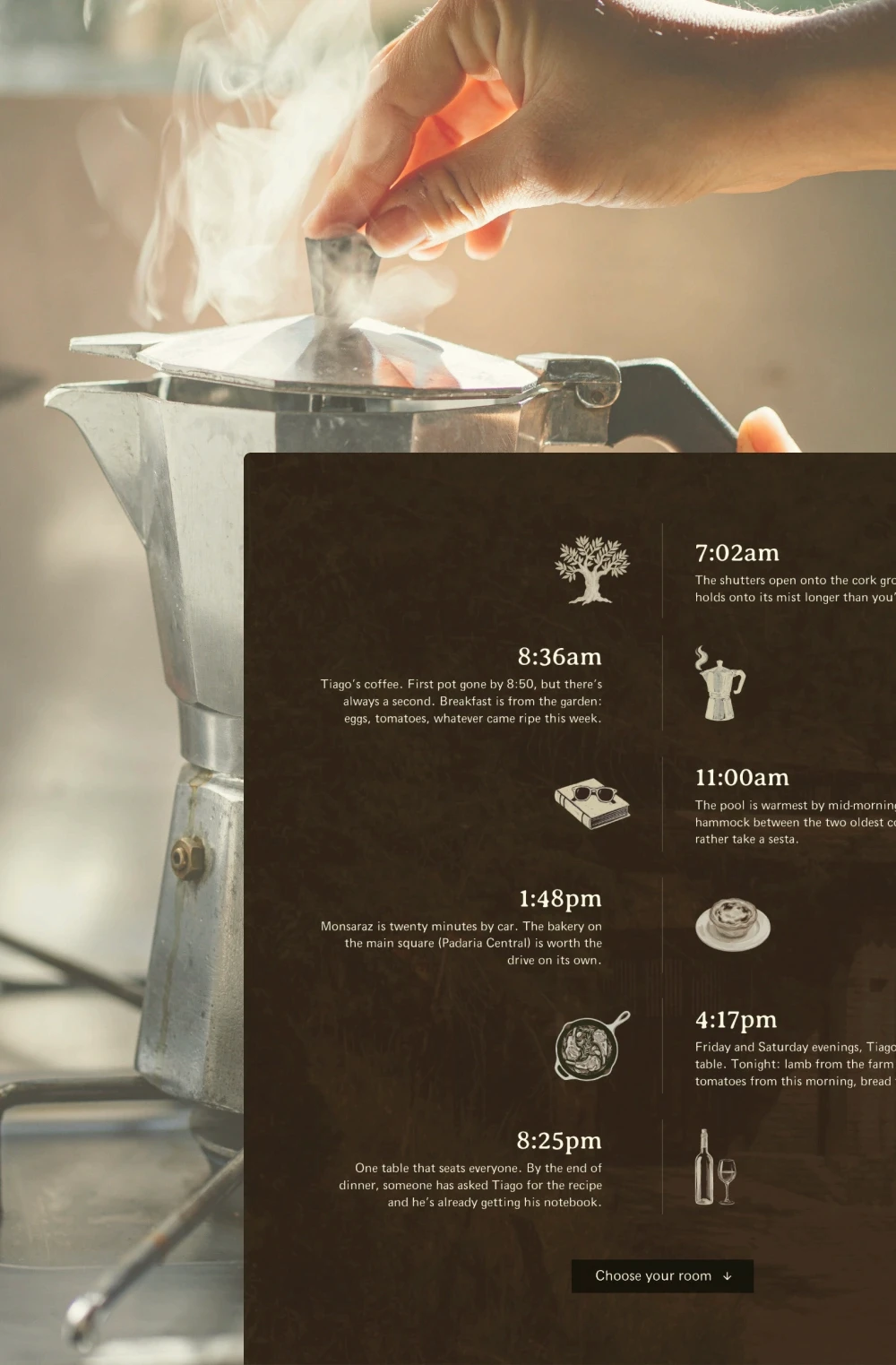 Vertical daily timeline with timestamps and hand-painted icons for objects like coffee and a 'pastel de nata' egg tart.