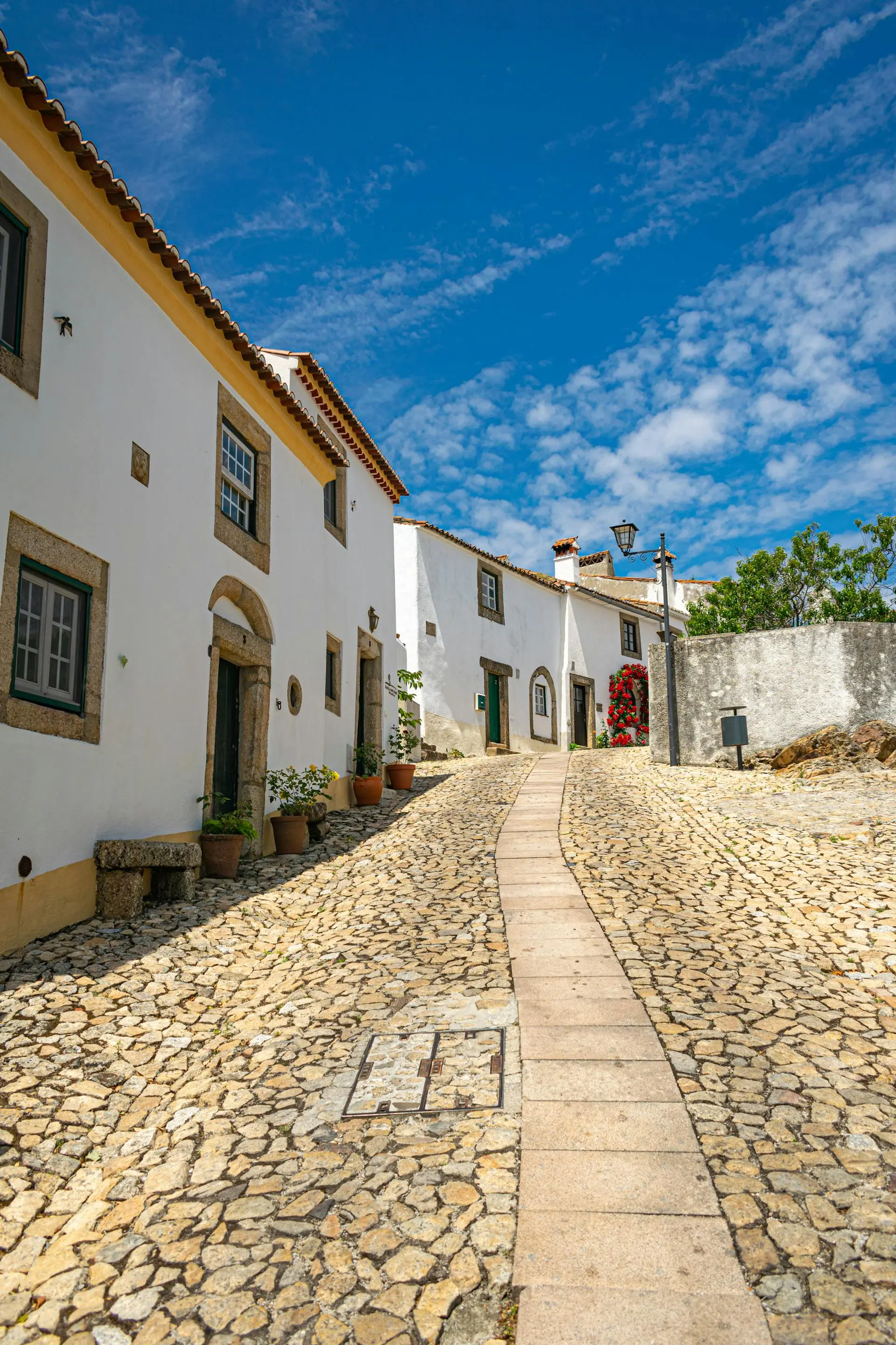 Charming cobblestone alley lined with traditional white houses in a secluded Portuguese village—perfect for off-the-beaten-path green real estate and authentic slow living.