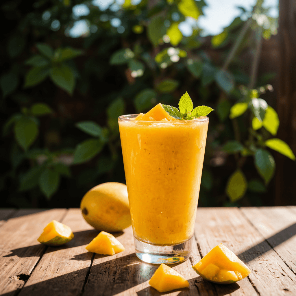 product photography of a glass of mango smoothie
