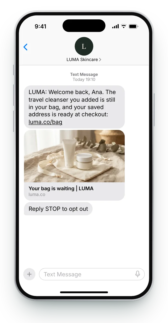 For a returning customer abandoned cart SMS on an iPhone