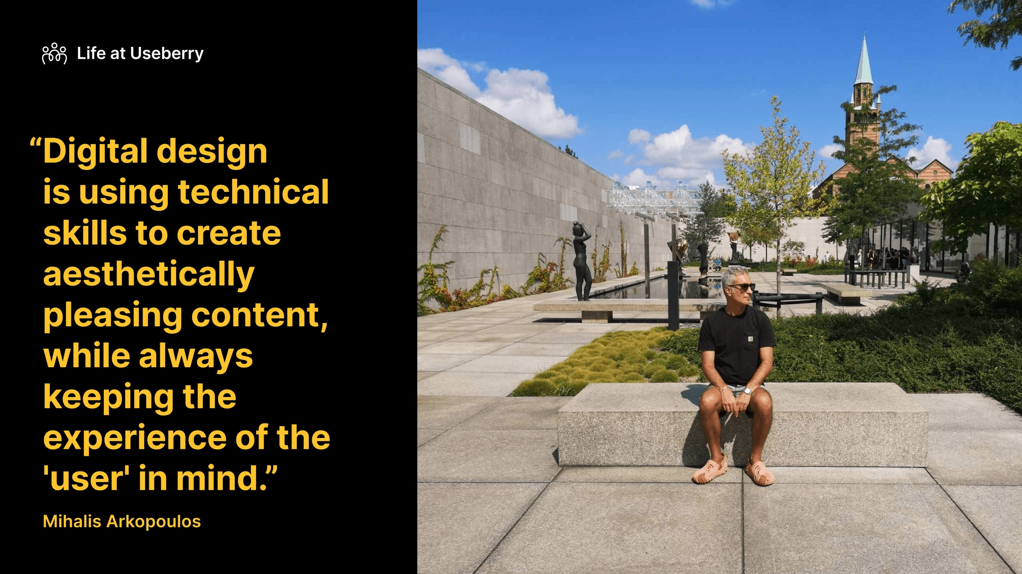 A photo of Michalis Arkopoulos, head of digital design at Useberry with a quote from his interview next to it