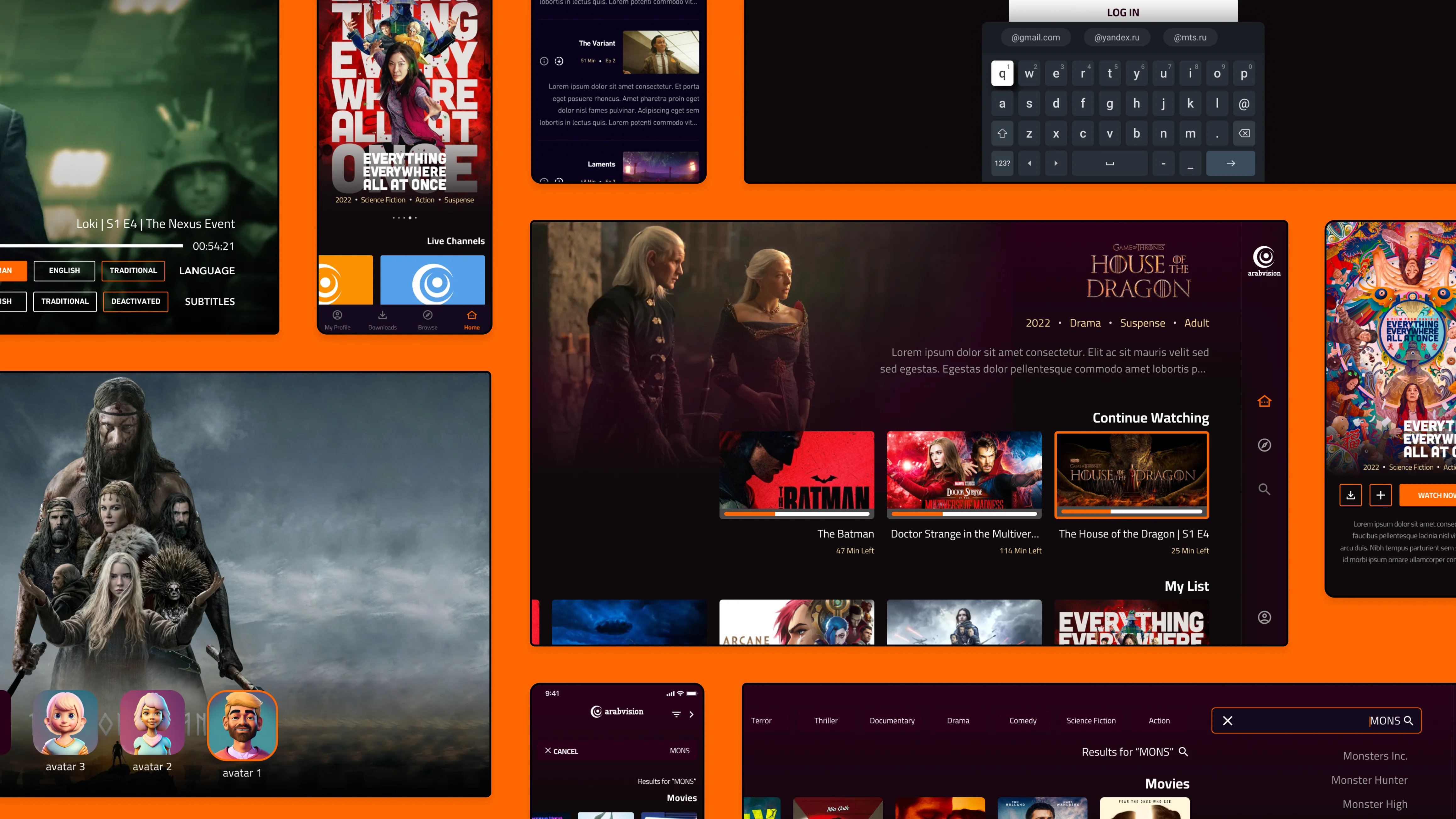 A set of movie app mockups showcasing various screens and features.