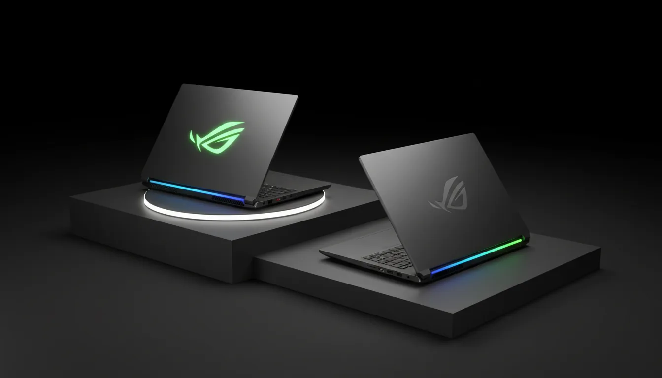 3D render, studio product shot of two high-end ASUS ROG gaming laptops displayed on a minimalist, multi-level dark grey platform against a pitch-black background. On the left, one laptop rests on an elevated, glowing white pedestal; its dark grey lid is partially open, featuring a prominent, glowing neon green stylized eye logo. To the right, a second laptop sits on the lower level, angled to show its back, with a subtle, etched grey logo on the lid. Both laptops have a matte metallic finish and feature glowing RGB LED strips along the back edge with smooth blue and green color gradients. The scene is illuminated by soft studio lighting, creating clean highlights on the laptop surfaces and emphasizing their sleek, futuristic design. Cinematic contrast, hyper-detailed, sharp focus.