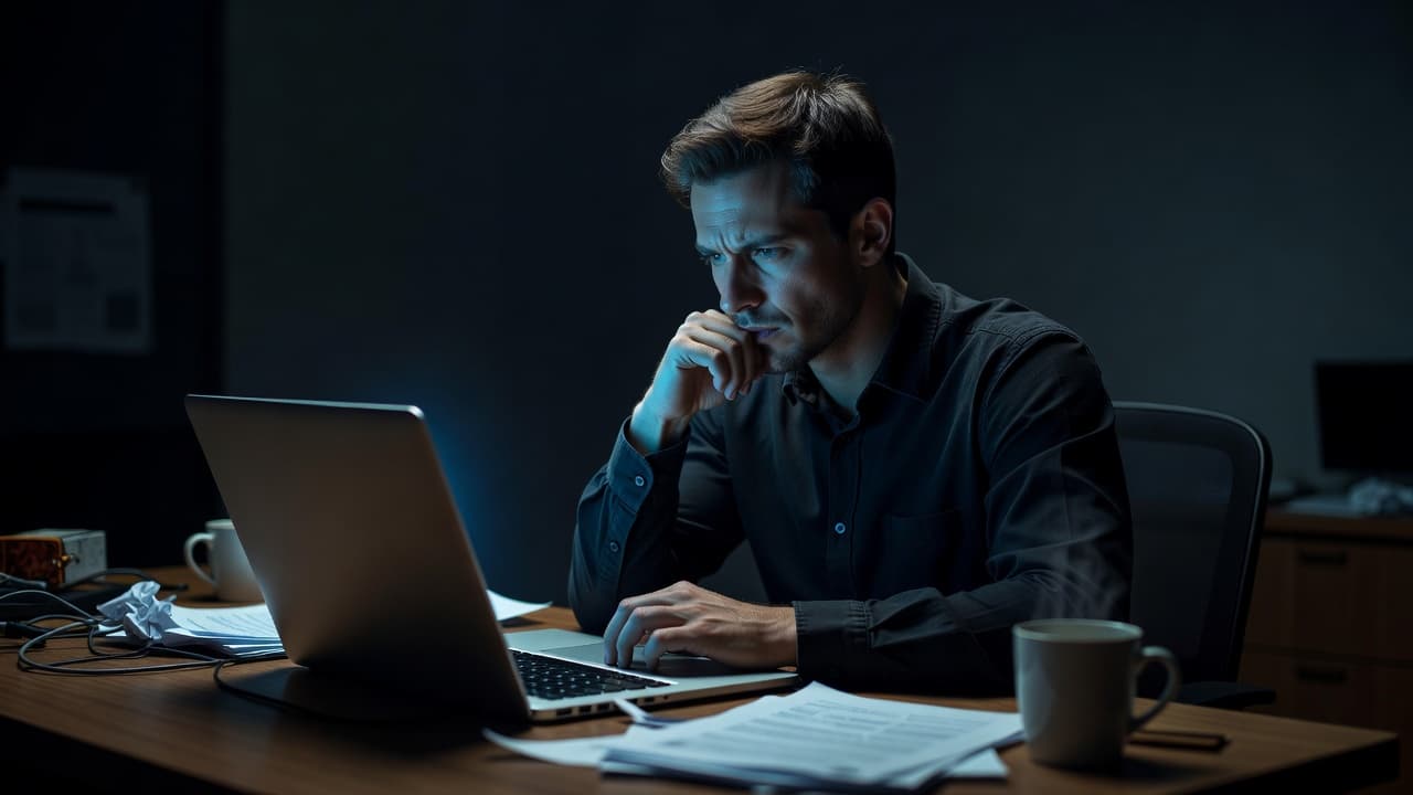 A focused person sits at a workstation, illuminated by the cool blue glow of a laptop screen in a dark office. They lean forward, reflecting on complex data with a somber expression.