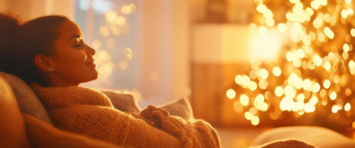A person relaxes on a sofa in a warmly lit room, suggesting a cozy ambiance ideal for addressing sleep problems, with soft bokeh lights, representing a peaceful environment endorsed by Ayurveda and Praanabloom practices.