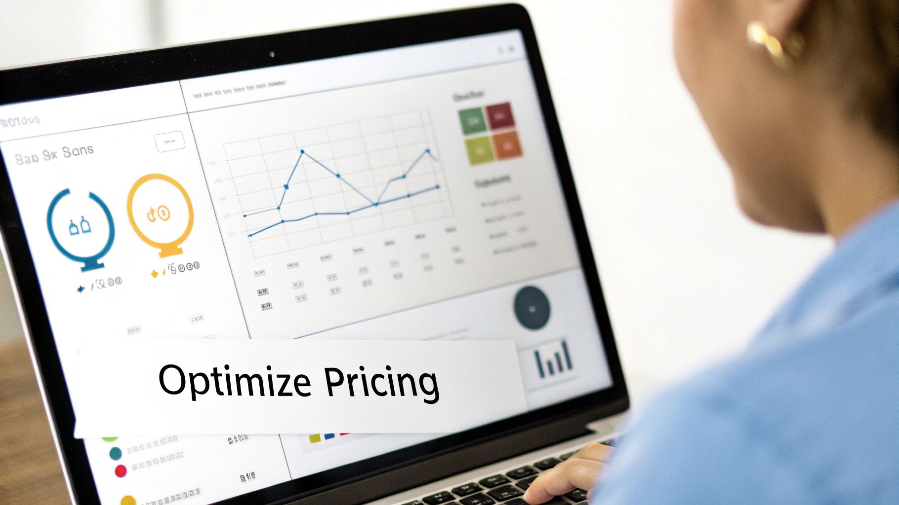 Person analyzing business data and charts on a laptop screen with 'Optimize Pricing' text overlay.