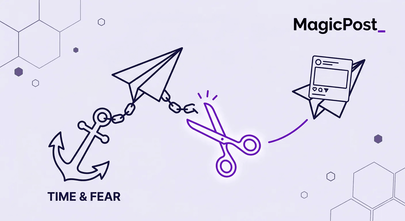 An illustration of an anchor, signifying time and fear, preventing employees from posting on LinkedIn, and a scissors cutting the chain off, signifying the removal of that friction point