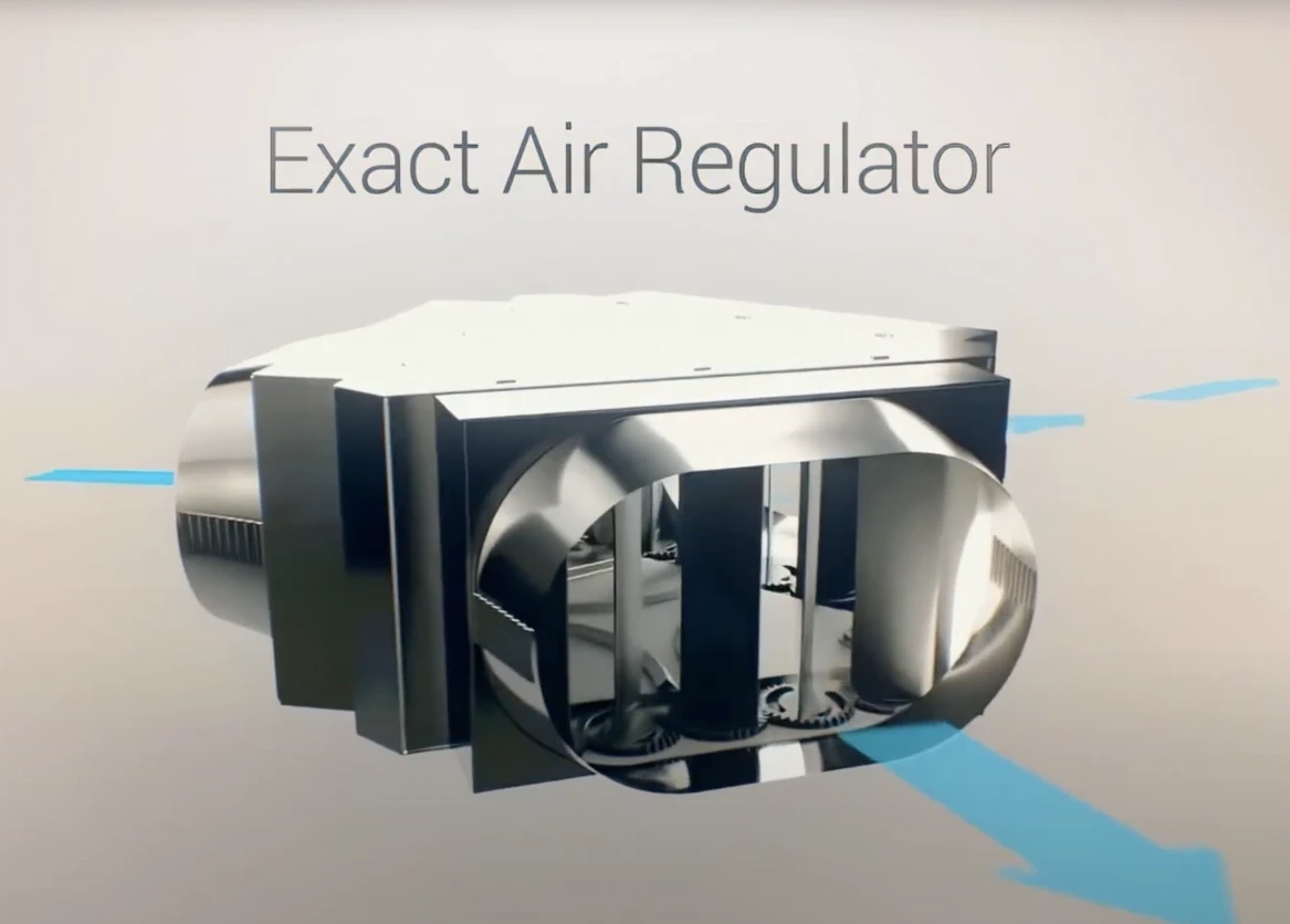 MyPlaceIQ Exact Air Regulator with double opposed blades, designed for precision airflow control in 10% increments to deliver more consistent room temperatures and improved energy efficiency.