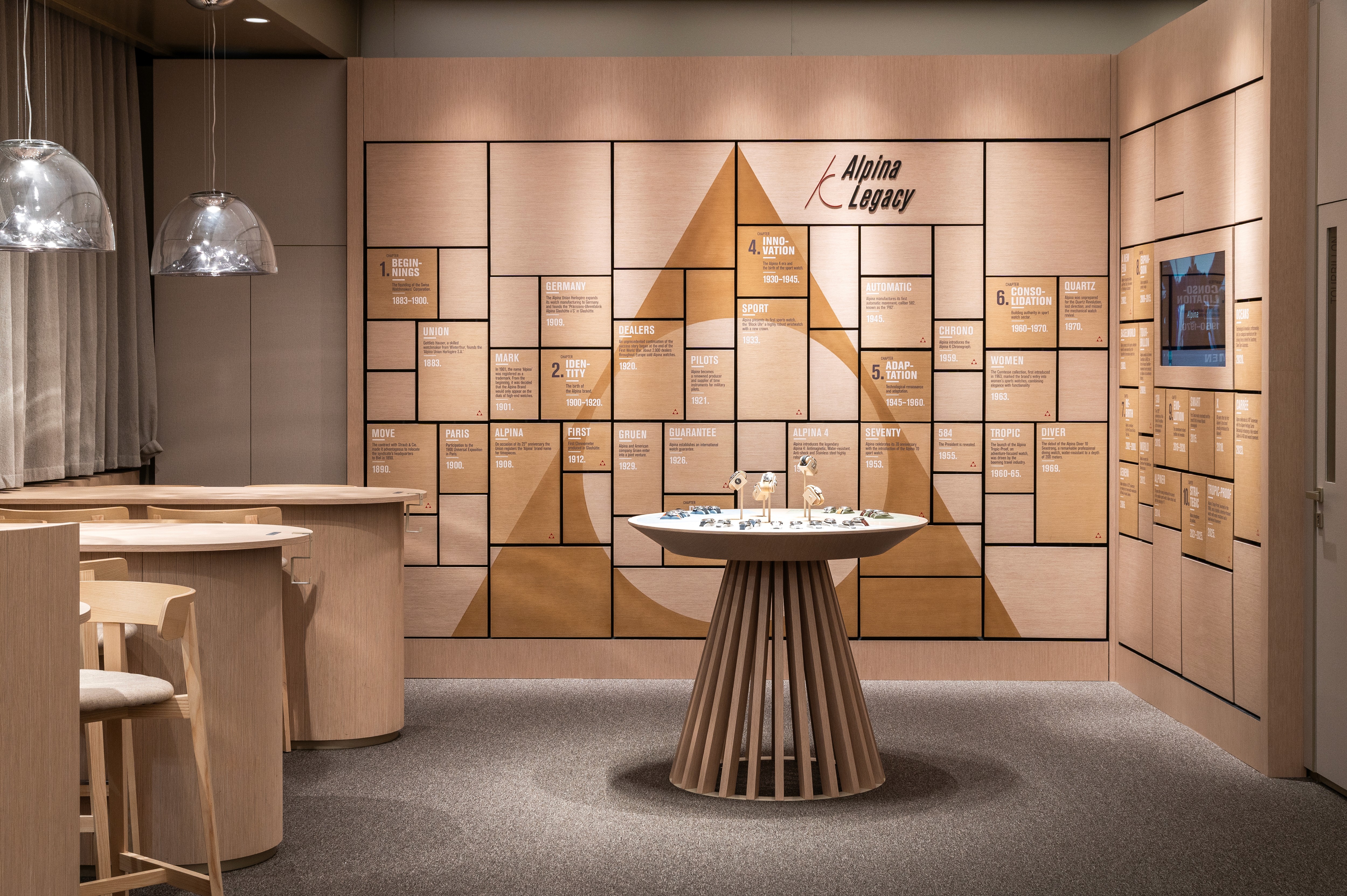 Entrance table and museum for Alpina design concept booth Watches and Wonders 2025 fair