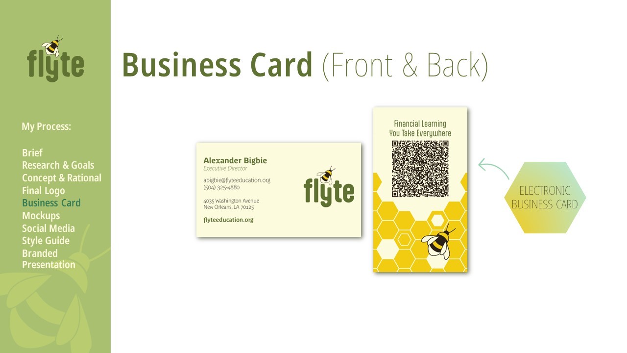 Front of business card is horizontal, has all the text to the left and the Flyte logo to the right. The back of the business card is vertical, with a QR surrounded by honycombs and featues the logo's bee. The QR code automatically adds the card's information to your phone's contacts, just in case you lose the business card.