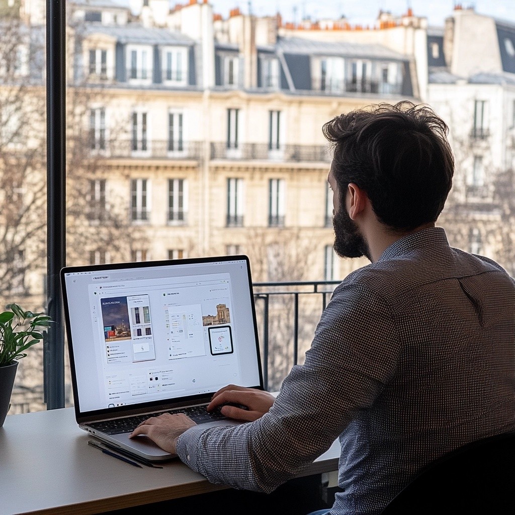 Développeur Arterum travaillant sur une application React Native dans un bureau à Paris avec vue sur des immeubles haussmanniens.