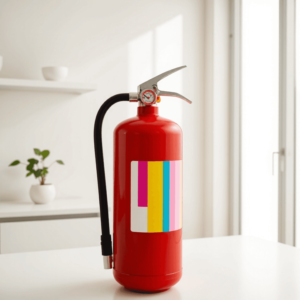 product photography of a fire extinguisher with a colorful design