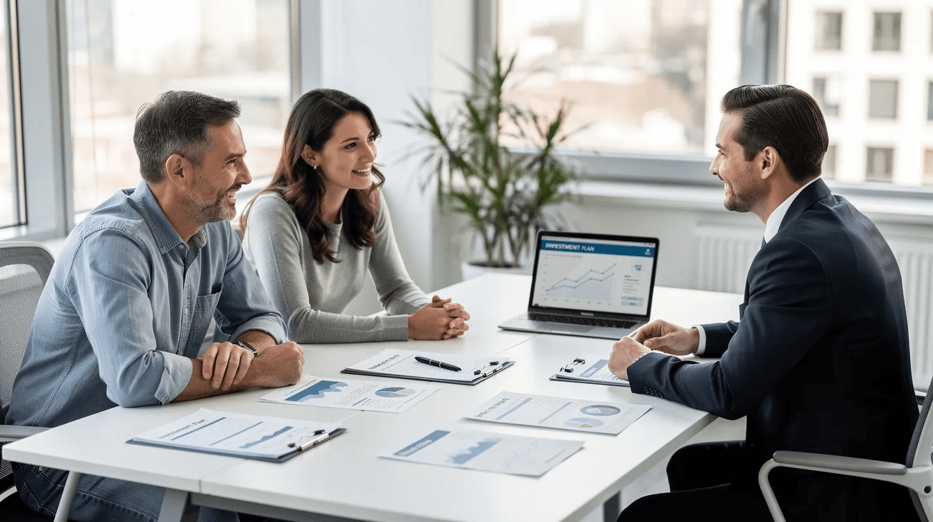 A professional financial advisor sits across a clean, modern office desk from a couple, discussing documents and a laptop, highlighting the importance of charitable giving and the benefits of anonymous donations. The scene reflects a supportive environment where donors can explore options for giving anonymously while expressing their generosity.