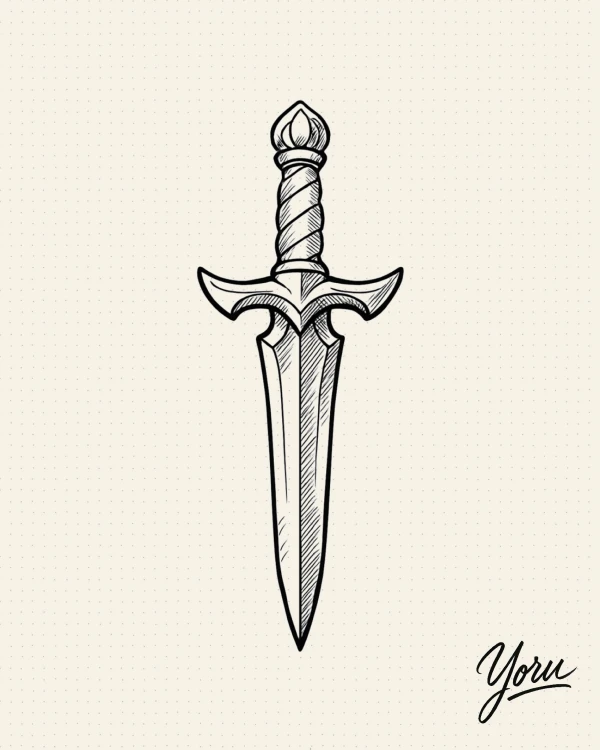 Diseño de tatuaje de una espada japonesa katana, con detalles en la empuñadura y hoja curvada.