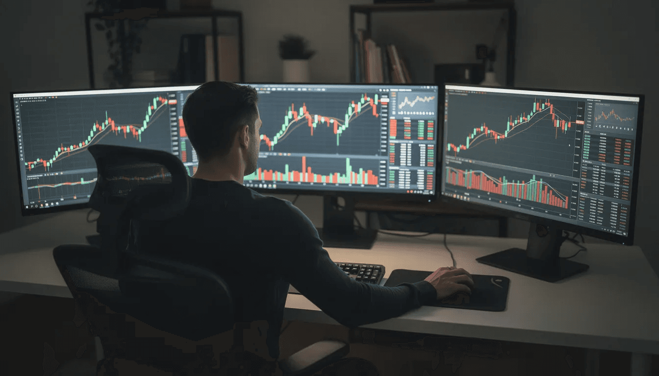 Man viewing financial charts on monitors - Blockchain Analysis Tools
