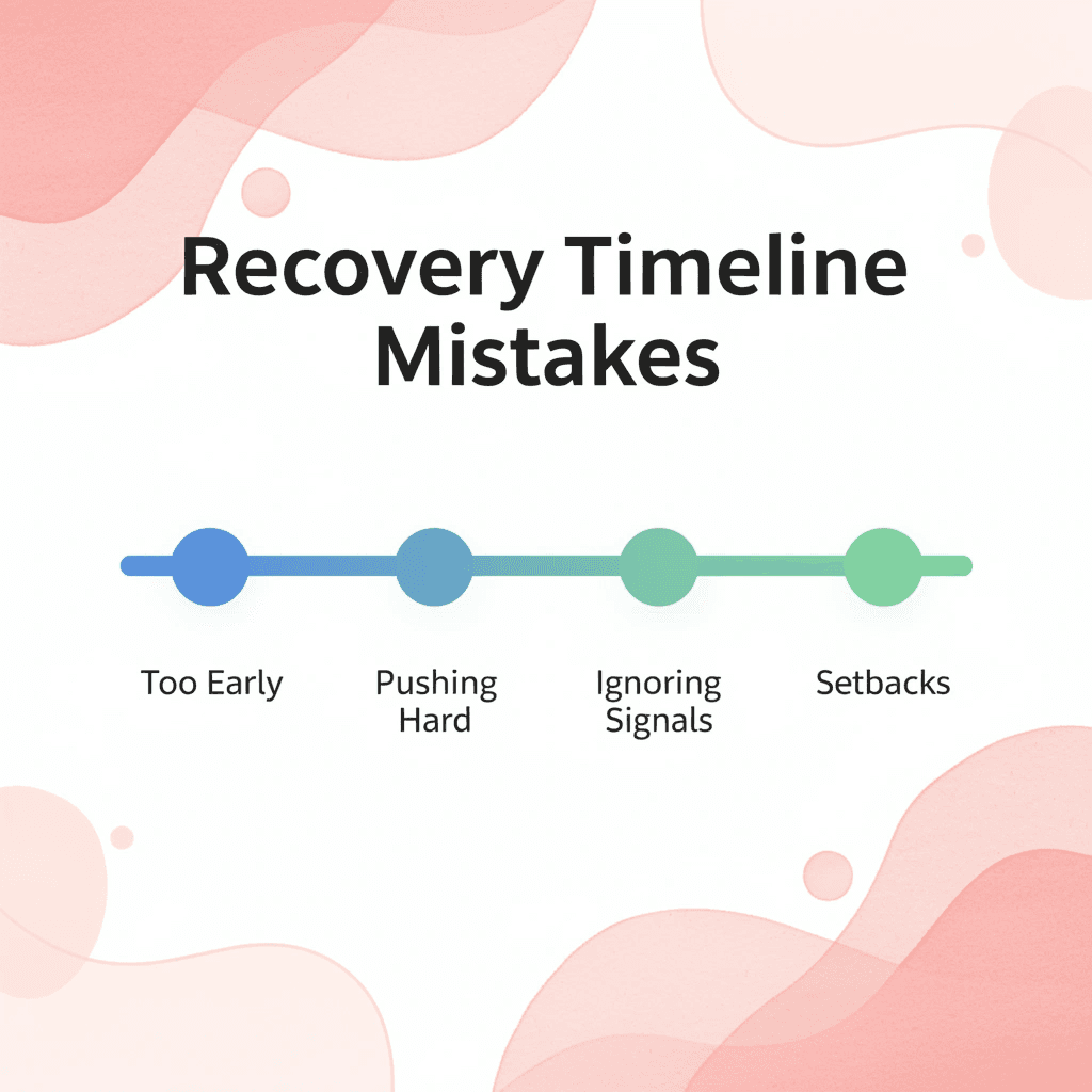 Timeline showing common recovery mistakes from too early exercise to setbacks