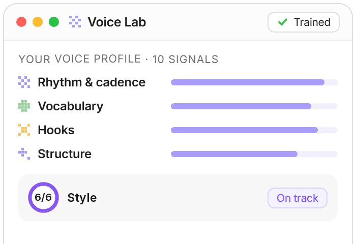 Voice Lab on a phone: your voice profile with its voice signals and a Style check of 6 of 6