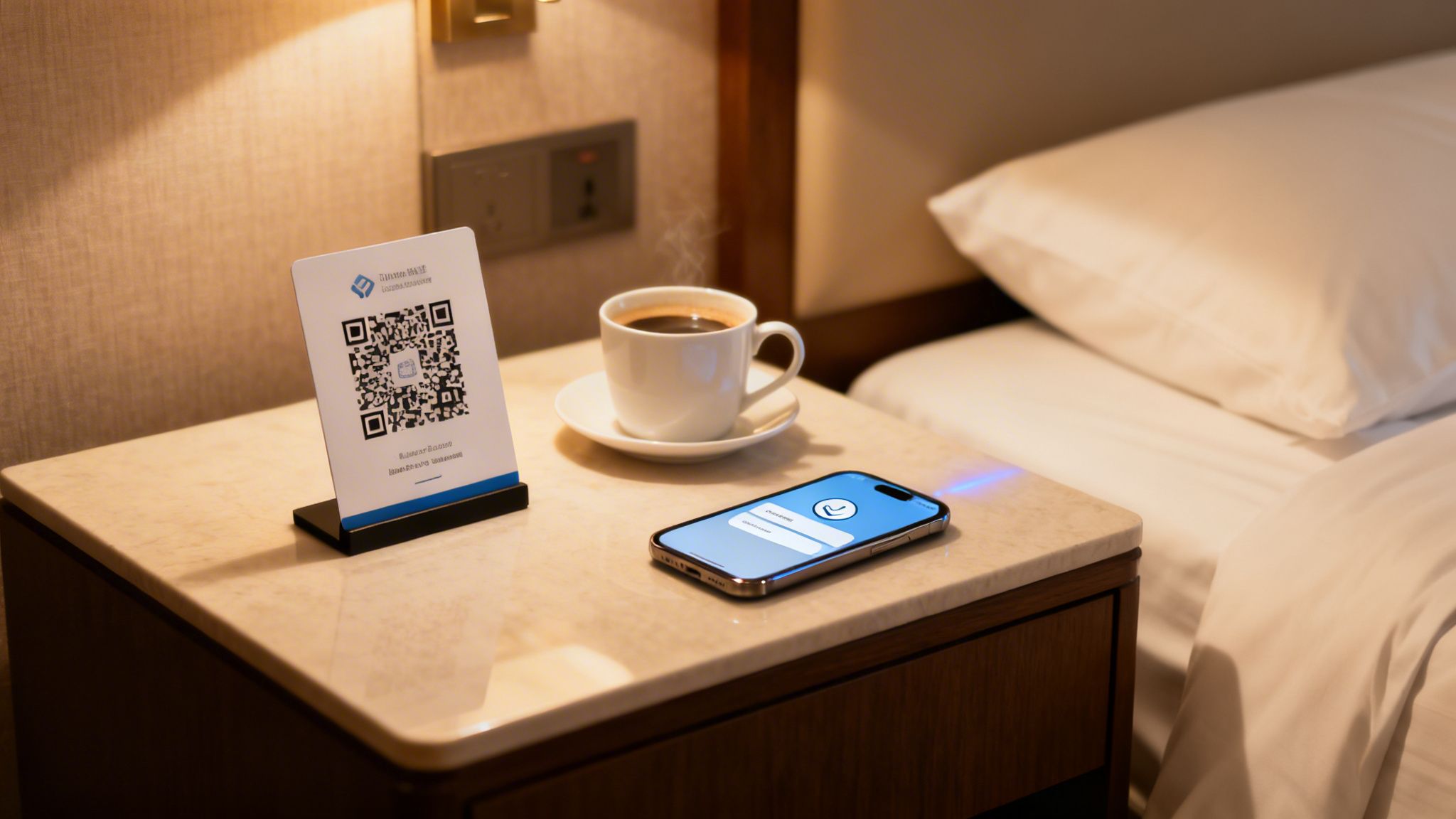 A smartphone with a login screen, a steaming coffee, and a QR code stand on a hotel bedside table.