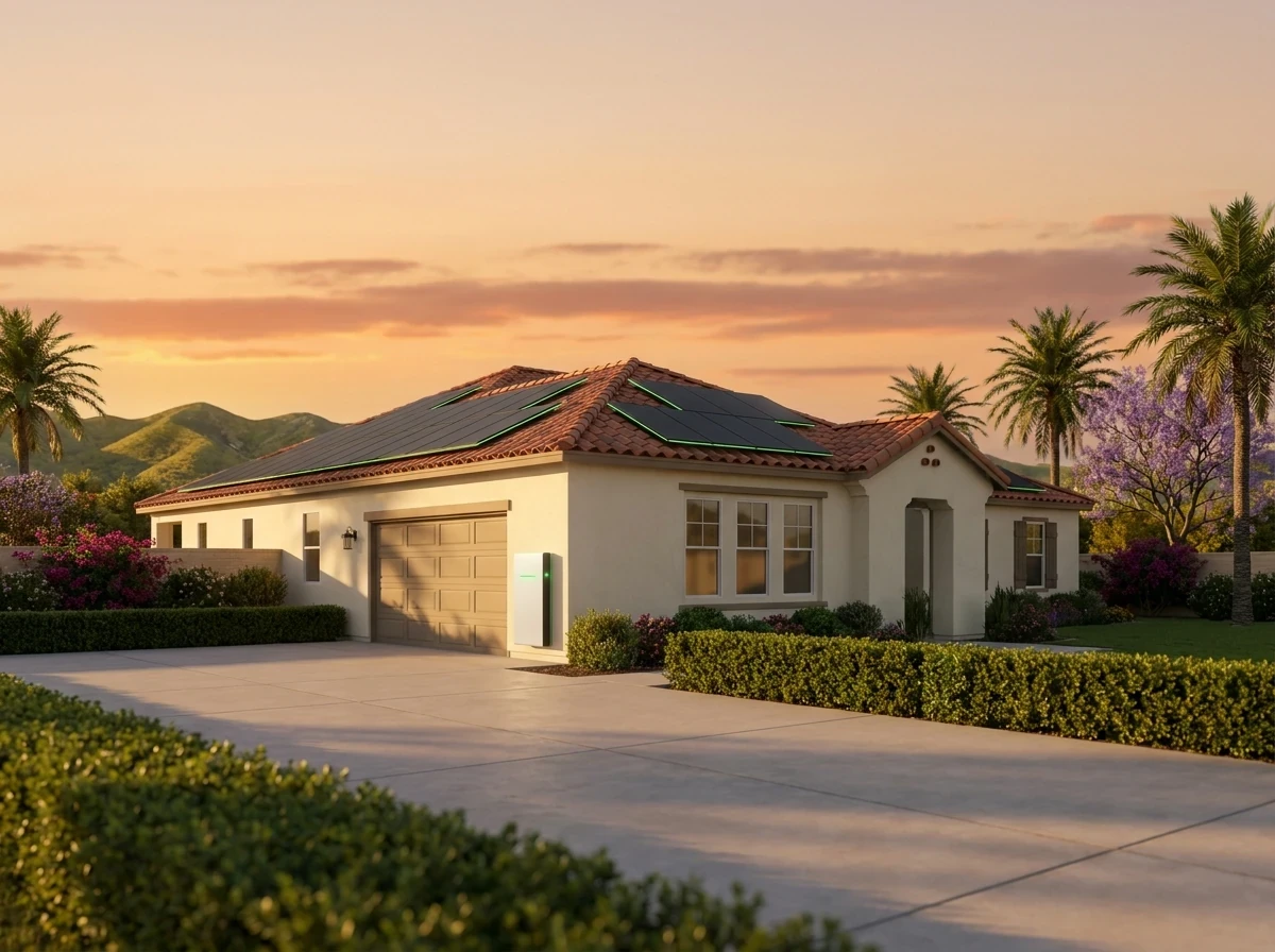 A Southern California home with a full rooftop solar array and a wall-mounted battery at sunset