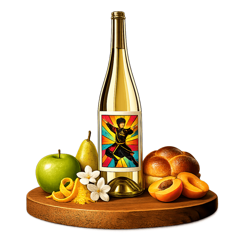 Artistic label and flavor profile for Georgian Sparkling Wine on a rustic wooden table.