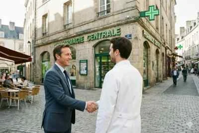 Un consultant en costume et un pharmacien en blouse blanche se serrent la main devant une officine de la Pharmacie Centrale, symbolisant une transaction pharmaceutique réussie.