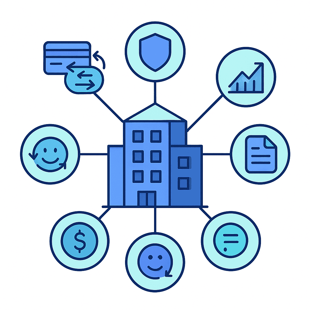 Vendor icon encircled by six icons symbolizing key due-diligence questions on recovery claims.
