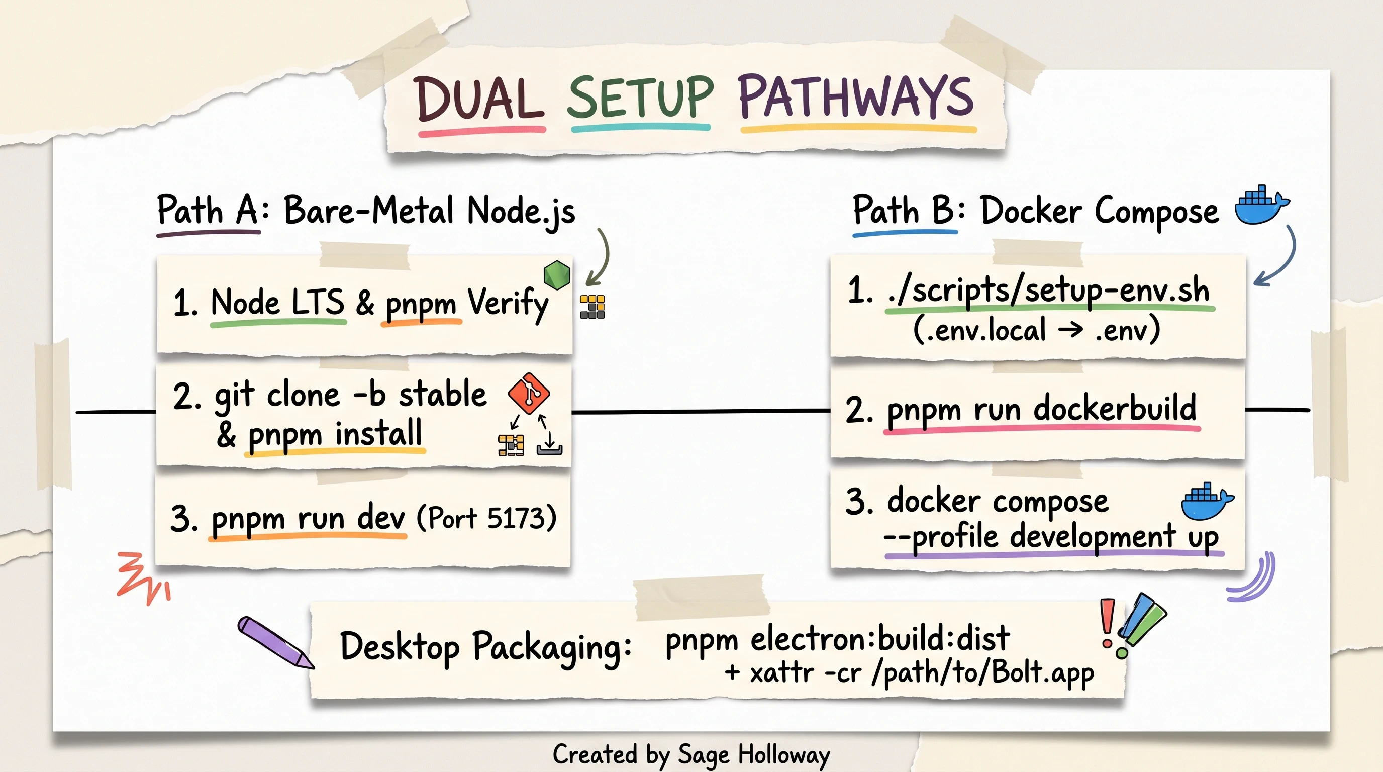 Scrapbook diagram contrasting bare-metal Node.js LTS setup against Docker Compose containerization and Electron desktop distribution