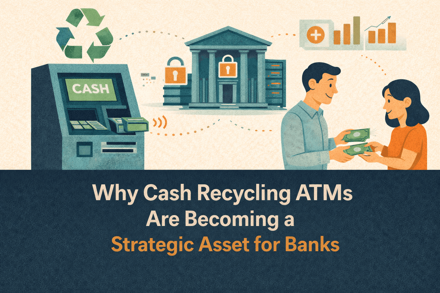 Flat-style digital illustration showing a cash recycling ATM on the left with a recycling symbol, a bank building with security icons in the center, and two people exchanging cash on the right. Data and growth icons emphasize efficiency, sustainability, and profitability. The background is light beige with navy, teal, and orange tones, and a navy-blue bar at the bottom displays the blog title in bold white text: ‘Why Cash Recycling ATMs Are Becoming a Strategic Asset for Banks’.