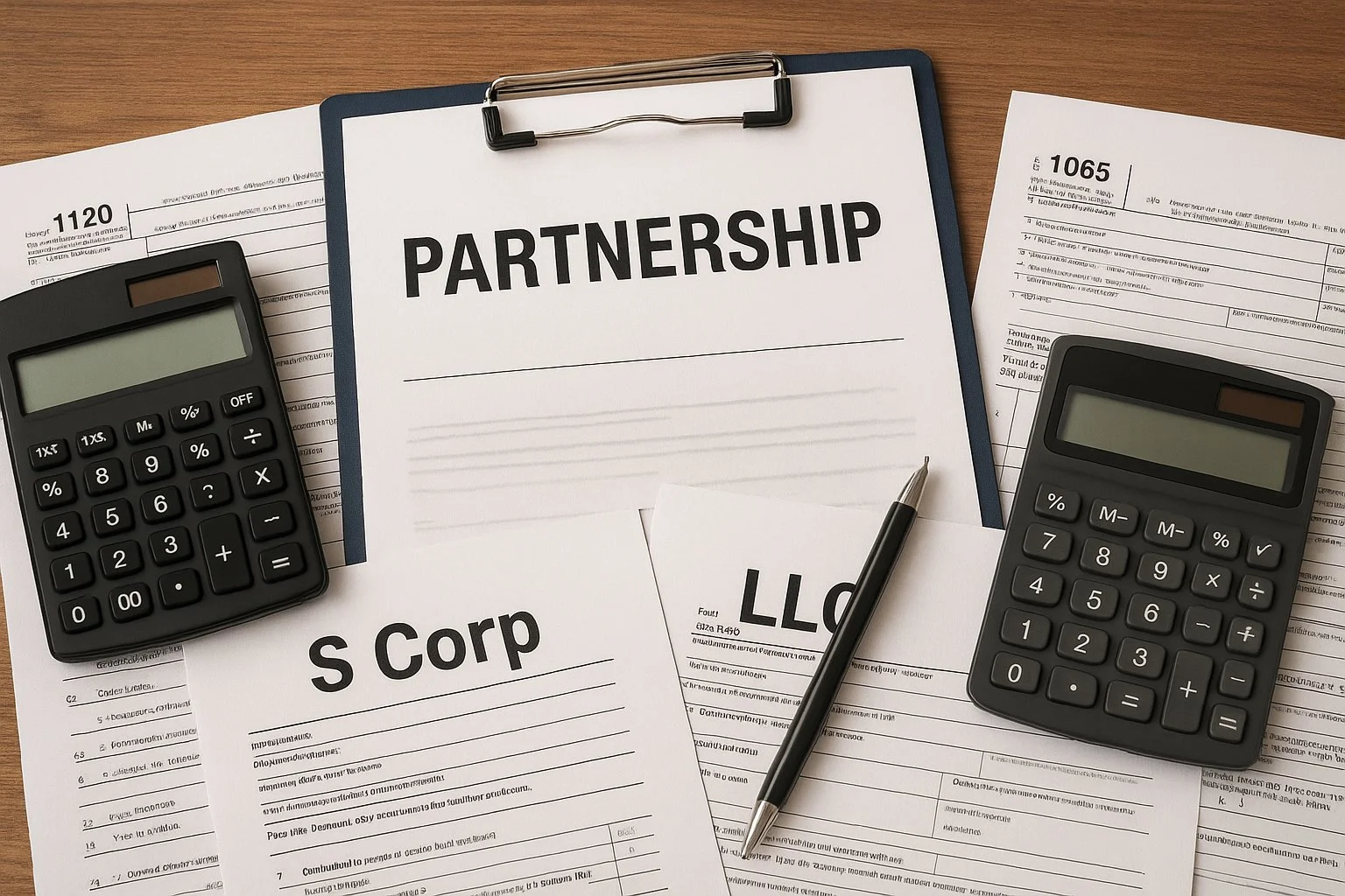 Realistic tax filing scene with partnership papers, calculators, and forms labeled S Corp and LLC, representing entity-level business filing.