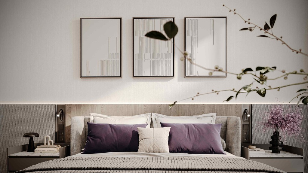 A cozy bedroom featuring a bed, nightstands, and a plant, designed by Le Blanc by Imtiaz.