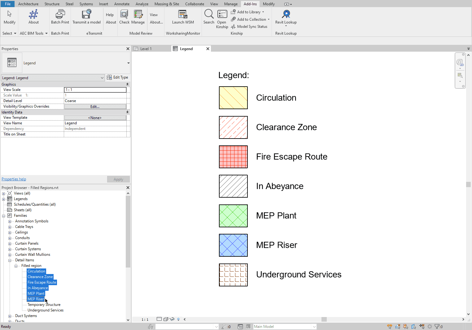 Filled Regions selected in the Project Browser.