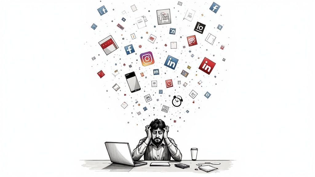 A man looking overwhelmed by a cloud of social media icons and digital elements.