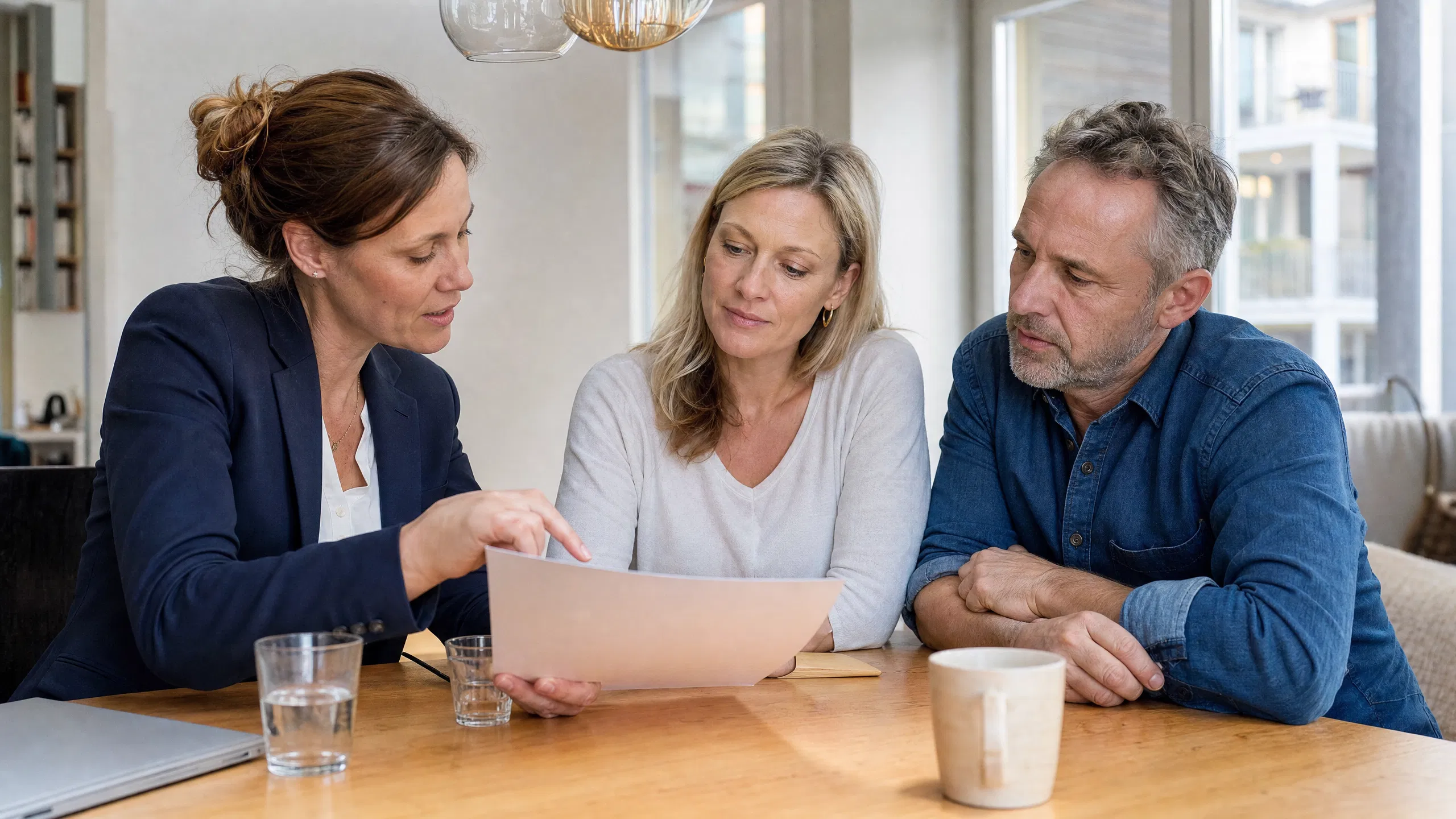Eine Energieberaterin erklärt einem Paar in deren österreichischer Wohnung ein Dokument – die Bewohner hören aufmerksam zu, während natürliches Tageslicht den Raum erhellt.
